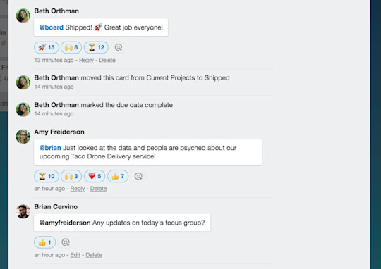 An image showing emoji reactions to comments on a Trello card